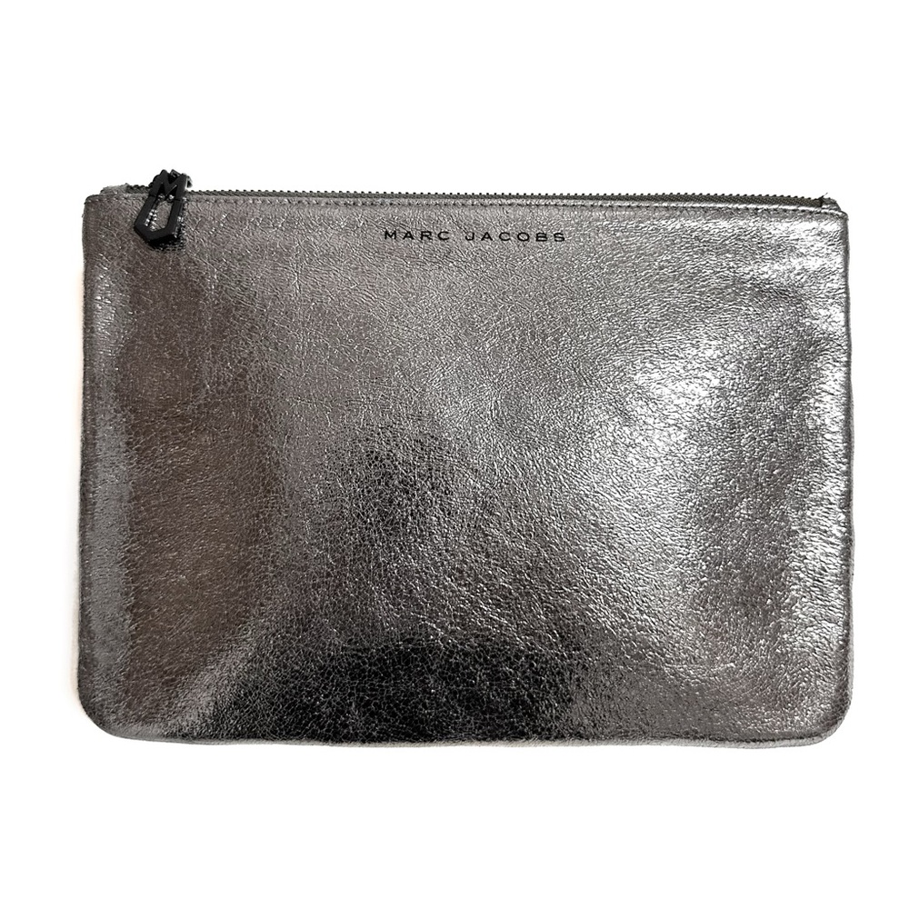 MARC JACOBS Leather Metallic Dark Grey Zipper Pouch
